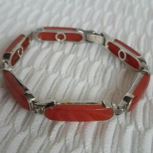 Red Jade Jadeite Sterling Silver 925 GSJ Panel Link Stone Bracelet Designer